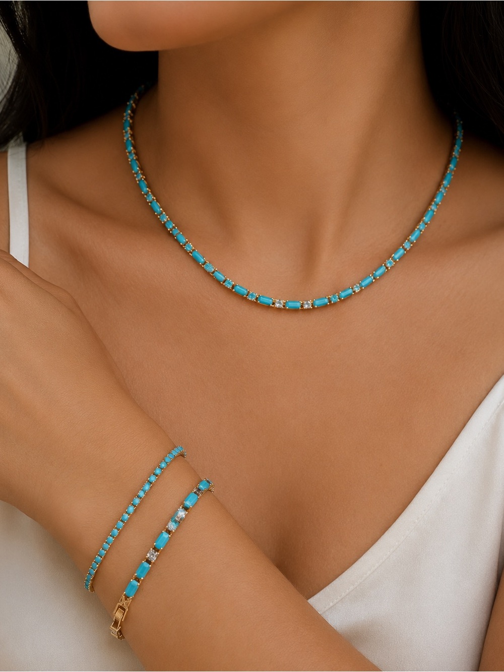 NEW 3-Piece Turquoise Color Tennis Jewelry Set | 14K Gold Plated
